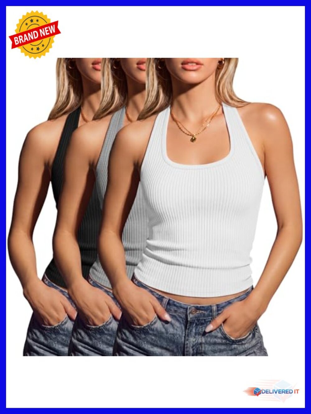 3 Pack Ribbed Cotton Halter Tanks Backless Slim Fit U Neck Tops